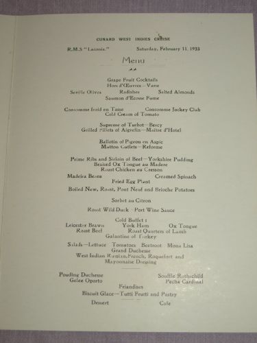 Cunard Line Laconia Dinner Menu 11th February 1933. (3)