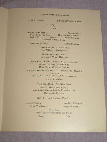 Cunard Line Laconia Dinner Menu 4th February 1933. (3)