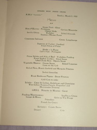 Cunard Line Laconia Dinner Menu 5th March 1933. (3)