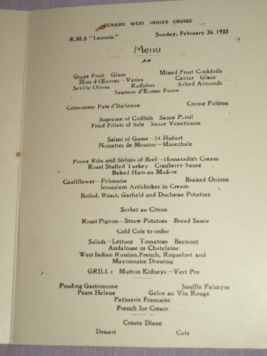 Cunard Line Laconia Dinner Menu 26th February 1933. (3)