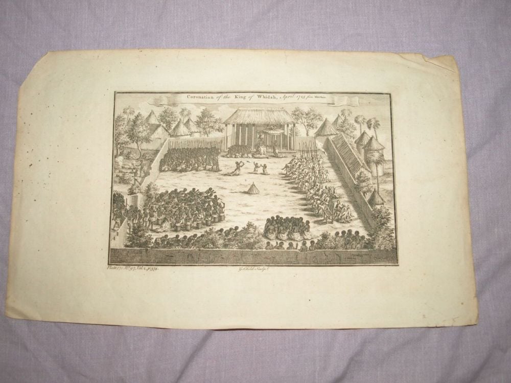18 C Antique Engraving, Coronation of the King of Whidah, April 1725 from Marchais. 