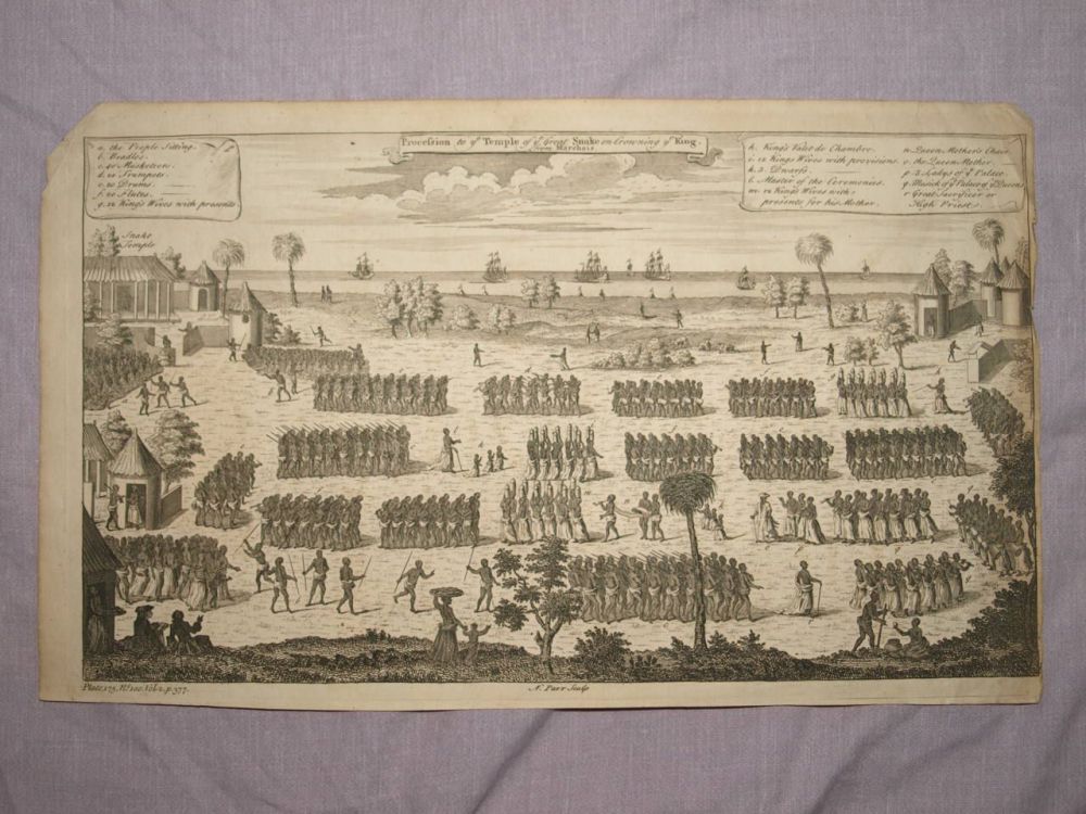 18 C Antique Engraving, Procession to Ye Temple of the Great Snake on Crowning Ye King.