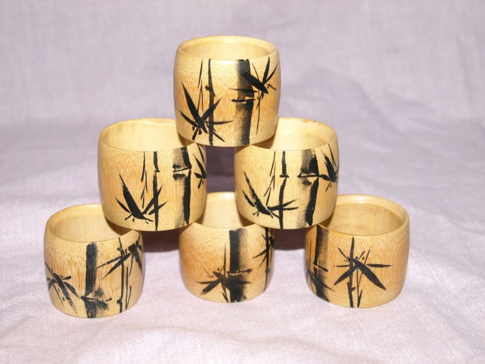 Vintage Set of 6 Wooden Napkin Rings, Bamboo Design.