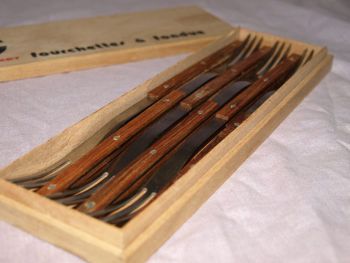 Le Creuset Fondue Forks, Vintage Set in Wooden Box. (2)