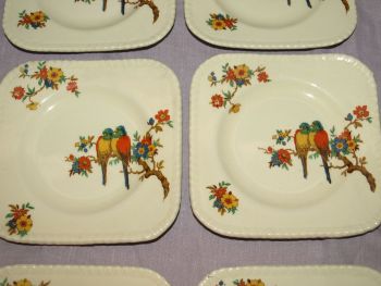 Art Deco Parrot Pattern Squareform Sandwich Plate and Side Plates. (4)
