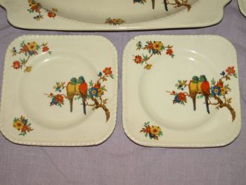 Art Deco Parrot Pattern Squareform Sandwich Plate and Side Plates. (2)