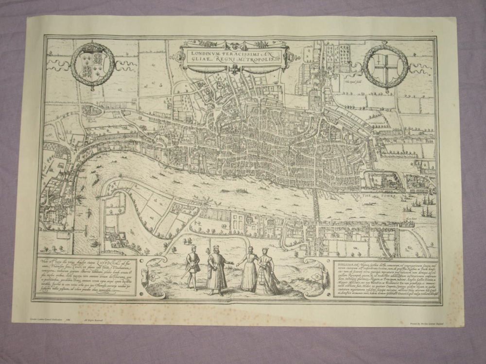 Map Of London, England 1570s Reproduction.