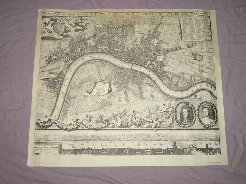Tourist Map of London 1690 by Jacobus De La Feuille, Reproduction.