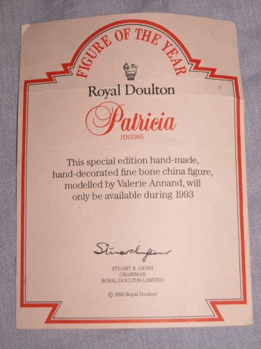 Royal Doulton Figurine Patricia HN3365. (8)