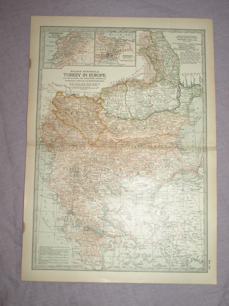Map of  Balkan Peninsula, Turkey in Europe, Bulgaria, Romania, Montenegro 1903.