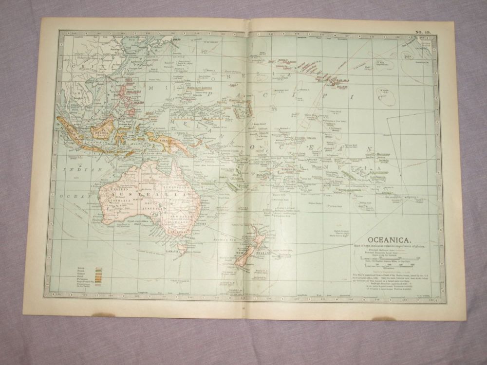Map of Oceanica, Australia, New Zealand, Pacific Islands, 1903.