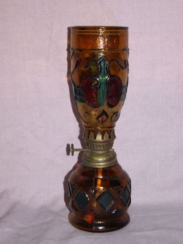 Vintage Amber Glass Oil Lamp, Sail Boat Brand (4)