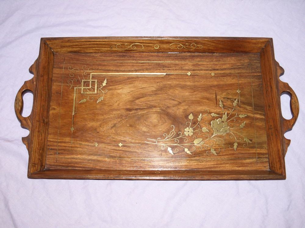Hardwood Serving Tray With Brass Inlay