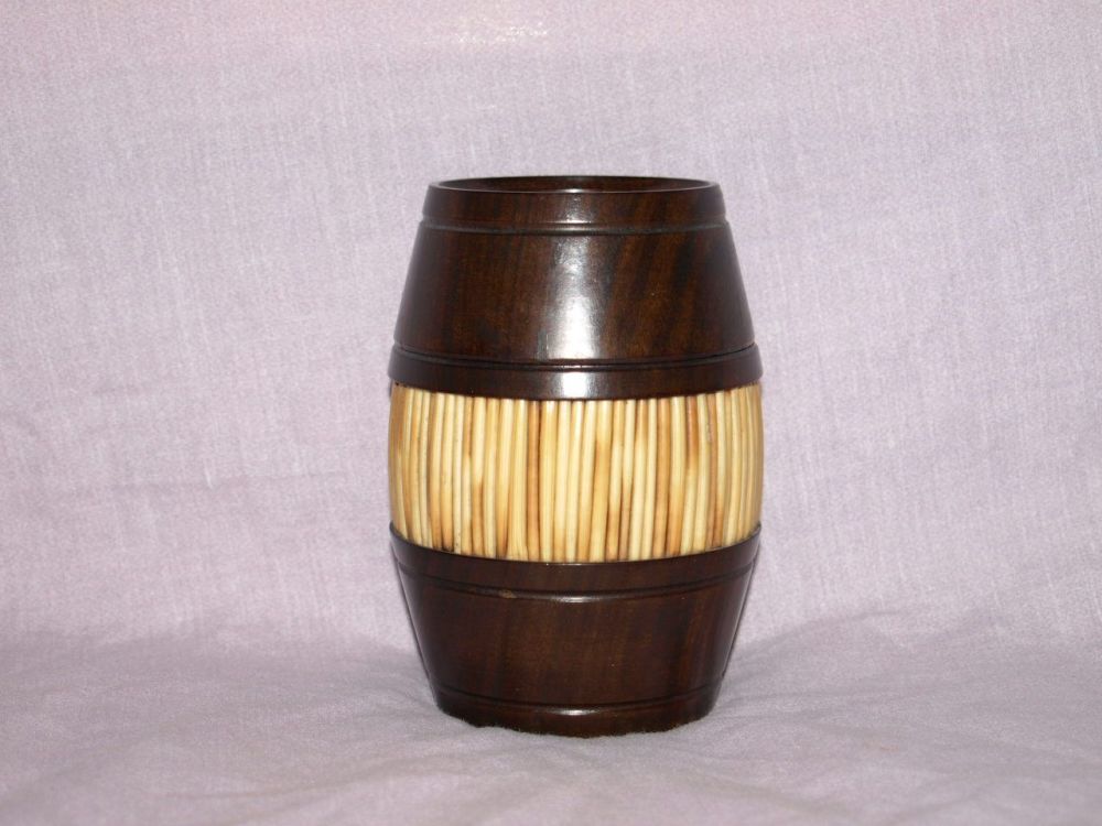 Porcupine Quill and Wood Lidded Pot in Shape of a Barrel.