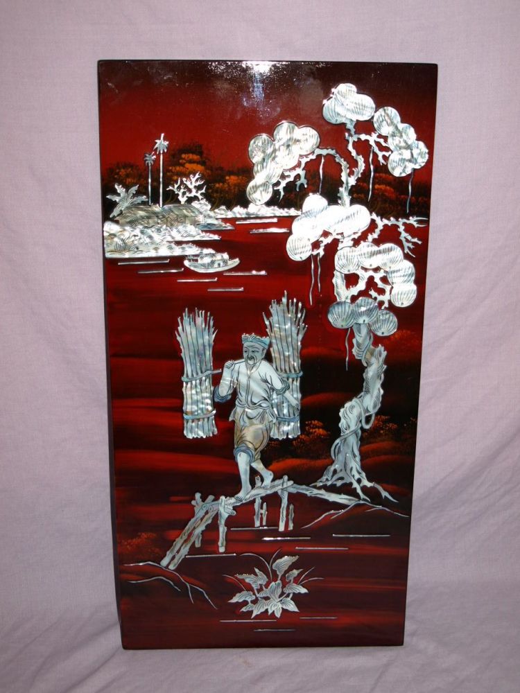 Chinese Wood Carrier Red & Black Lacquer Picture Panel with Mother of Pearl Inlay