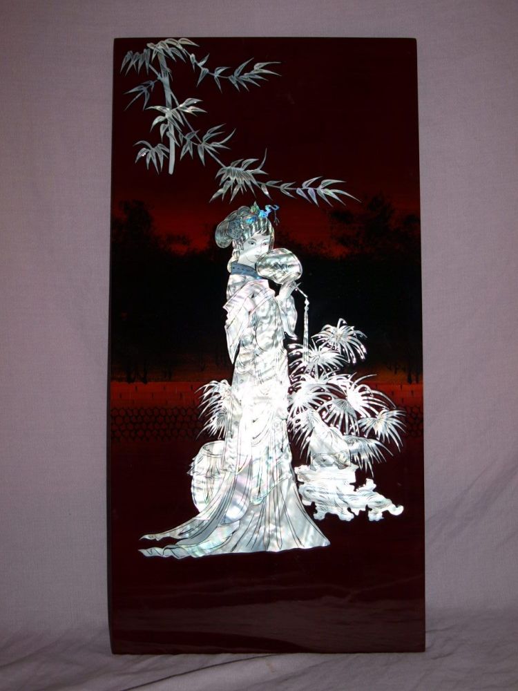 Chinese Lady Red & Black Lacquer Picture Panel with Mother of Pearl Inlay