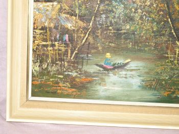 Vintage Original Oil on Canvas Painting, Thailand River Scene. (2)