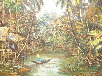 Vintage Original Oil on Canvas Painting, Thailand River Scene. (4)