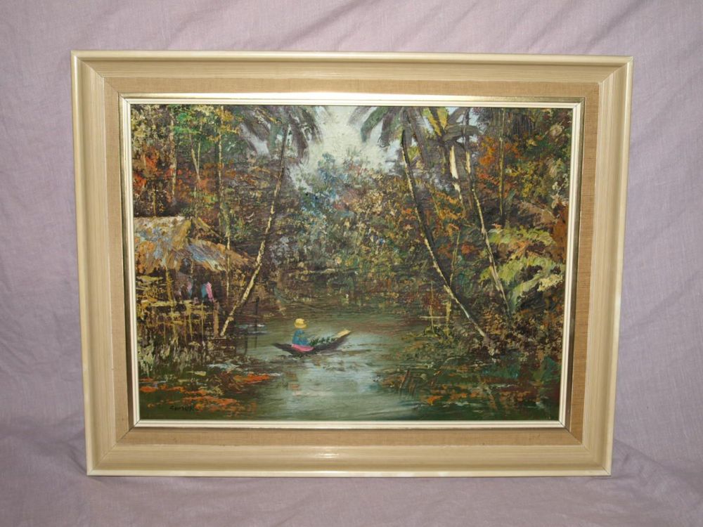 Vintage Original Oil on Canvas Painting, Thailand River Scene.