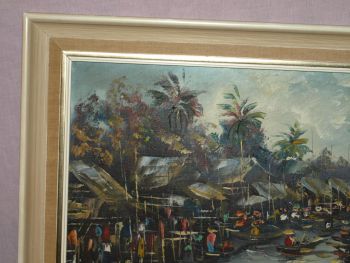 Vintage Original Oil on Canvas Painting, Thailand River Market Scene. (2)
