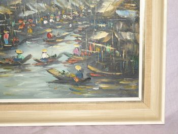 Vintage Original Oil on Canvas Painting, Thailand River Market Scene. (3)