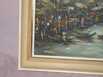 Vintage Original Oil on Canvas Painting, Thailand River Market Scene. (4)