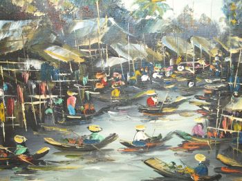 Vintage Original Oil on Canvas Painting, Thailand River Market Scene. (5)