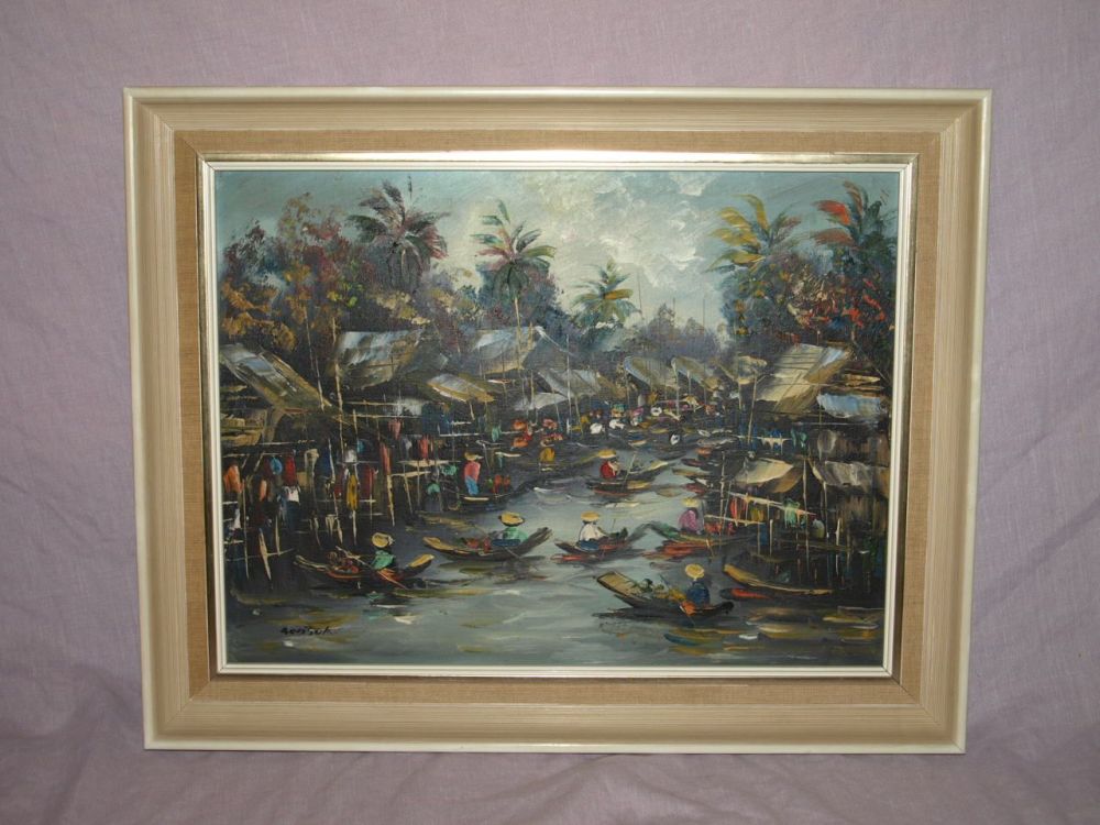Vintage Original Oil on Canvas Painting, Thailand River Market Scene.