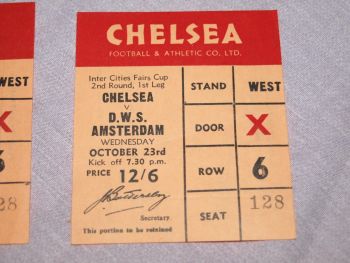Chelsea FC Inter Cities Fairs Cup Tickets 1968, D.W.S Amsterdam &amp; Morton. (
