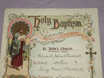 Holy Baptism Certificate, 1923, St John&rsquo;s Church, Weymouth, Dorset. (2)