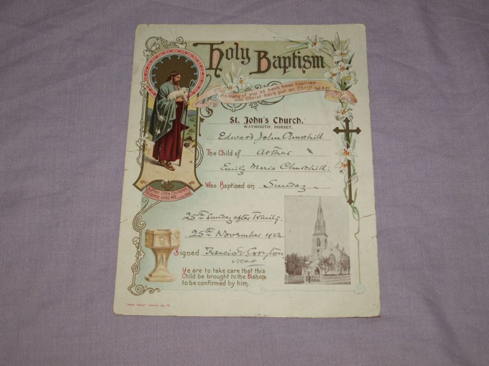 Holy Baptism Certificate, 1923, St John’s Church, Weymouth, Dorset.