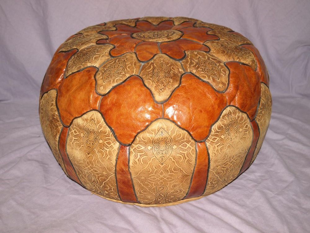 Vintage Moroccan Turkish Tan Leather Pouffe Footstool.