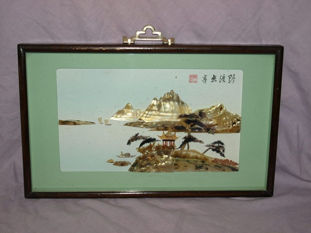 Chinese Mother of Pearl Shell 3D Picture, River & Mountain Scene.