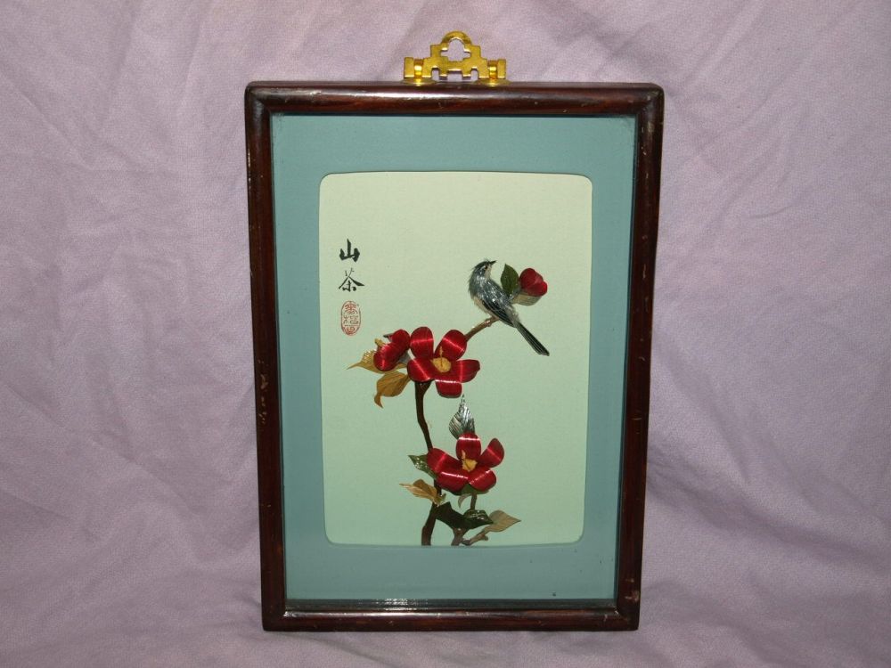Chinese Mother of Pearl Shell 3D Picture, Bird & Red Flowers.