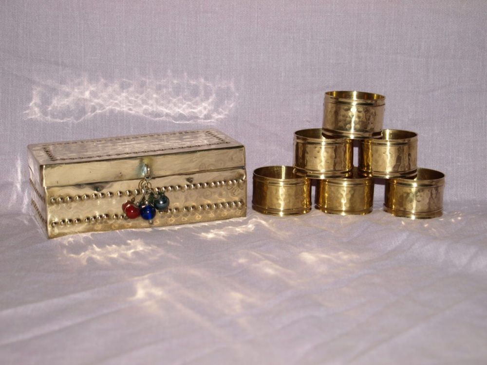 Vintage Set Of 6 Hammered Brass Boxed Napkin Rings.
