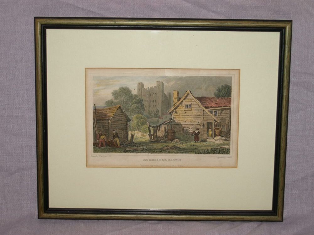 Antique Hand Tinted Engraving of Rochester Castle.