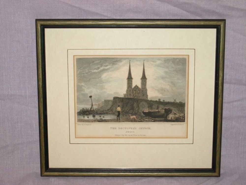 Antique Hand Tinted Engraving of The Reculver’s Church, Kent.