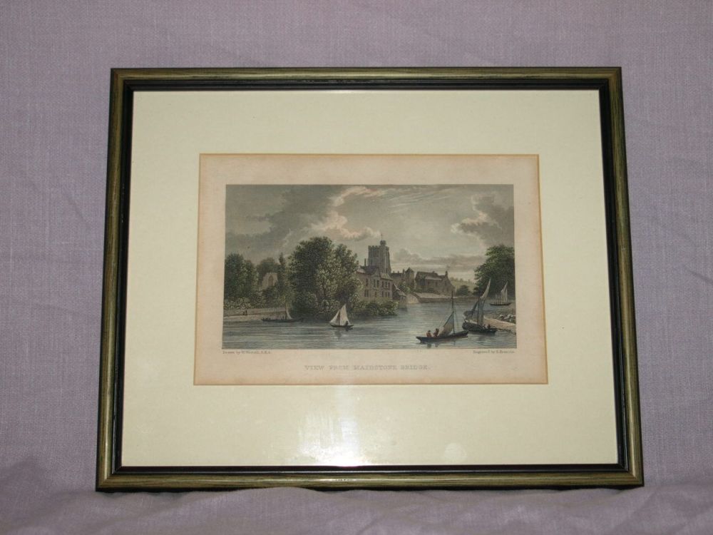 Antique Hand Tinted Engraving of View From Maidstone Bridge.