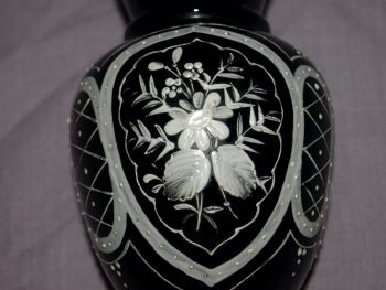 Black Glass Vase with Hand Painted Floral Decoration. (3)