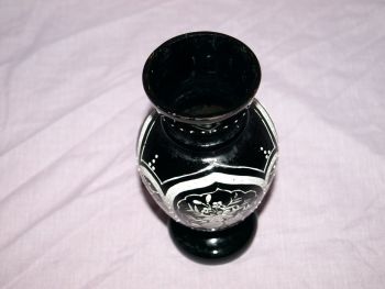 Black Glass Vase with Hand Painted Floral Decoration. (5)