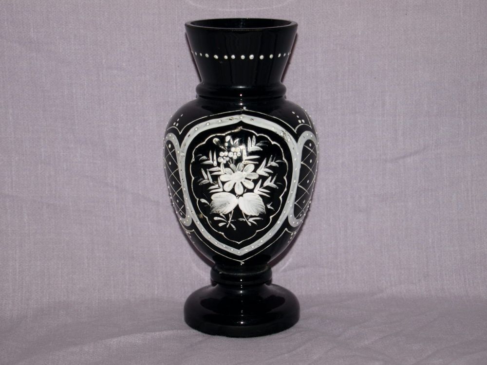 Black Glass Vase with Hand Painted Floral Decoration.