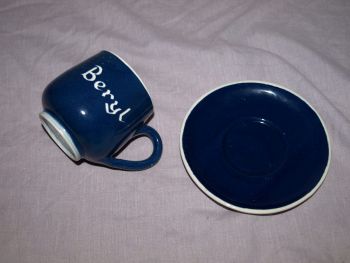 Rainham Pottery Cup and Saucer, Personalised &lsquo;Beryl&rsquo;. (2)