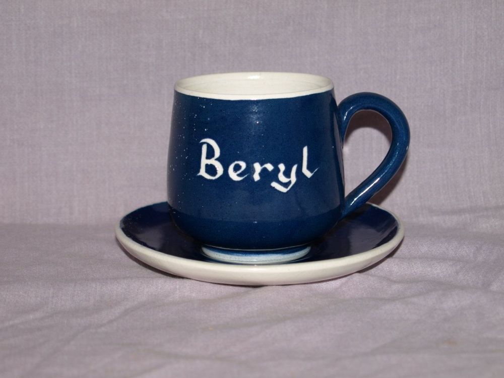 Rainham Pottery Cup and Saucer, Personalised ‘Beryl’.