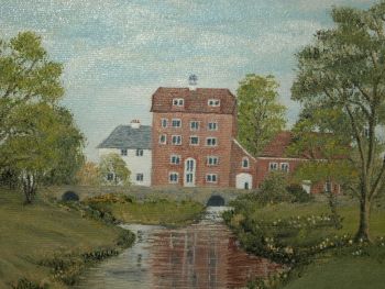 Elstead Mill, River Wey, Surrey, Oil Painting by Daphne J Linzey. (2)