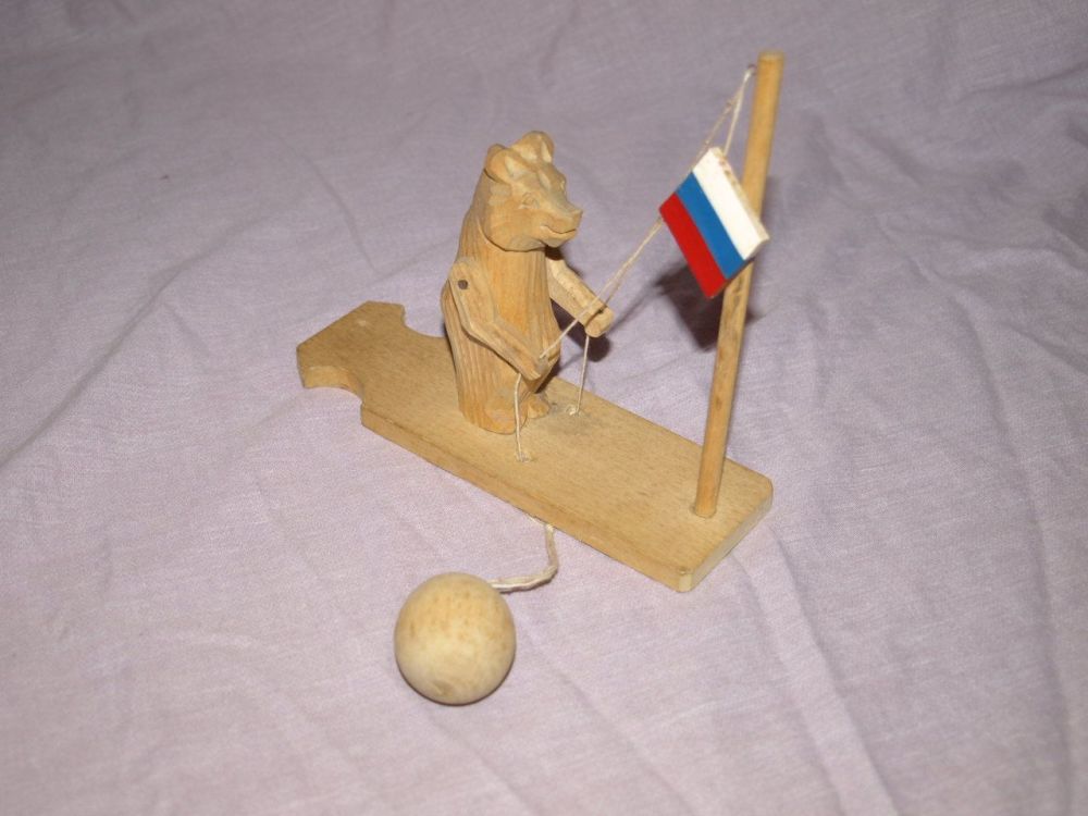 Carved Wooden Russian Bear and Flag Toy.