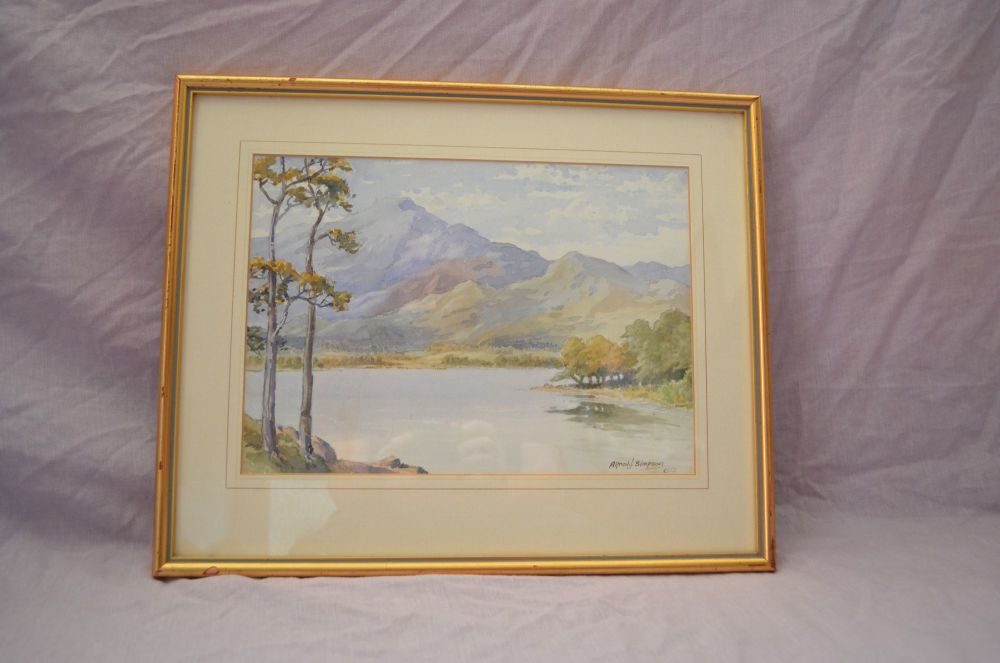 Lake and Mountain Scene Watercolour Painting by Alfred J Simpson.