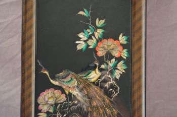 Chinese Reverse Painting on Glass Foil Backed Picture. Peacocks and Flowers