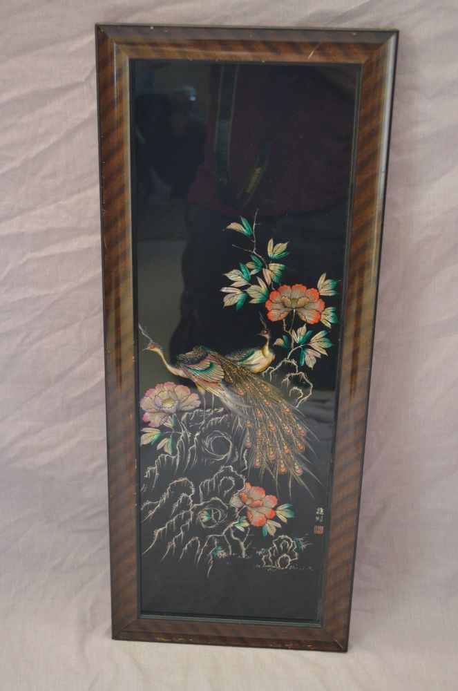 Chinese Reverse Painting on Glass Foil Backed Picture. Peacocks and Flowers.