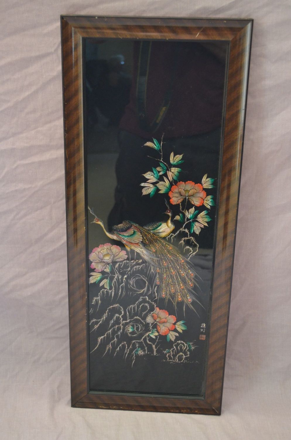 Chinese Reverse Painting on Glass Foil Backed Picture. Peacocks and Flowers