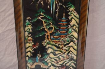 Chinese Reverse Painting on Glass Foil Backed Picture. Mountain, Pagoda, Tr